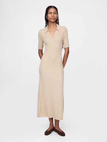 CashSoft Rib Johnny-Collar Midi Dress