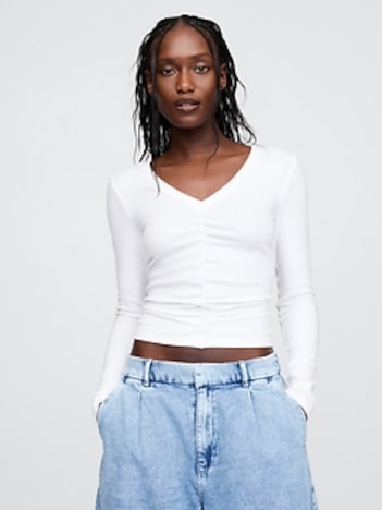 Modern Ruched V-Neck Crop T-Shirt