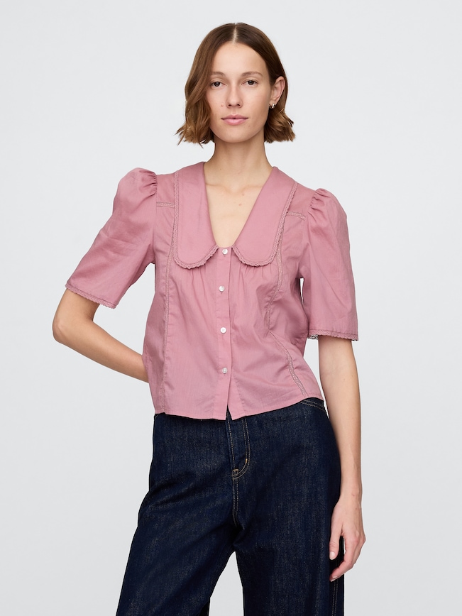 Puff-Sleeve Lace Collared Top