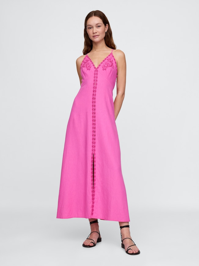 Linen-Blend Embroidered Halter Maxi Dress